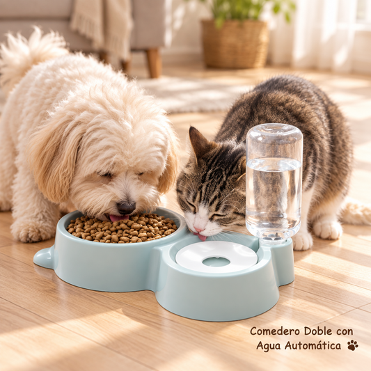Comedero Doble con Dispensador Automático de Agua para Perros y Gatos